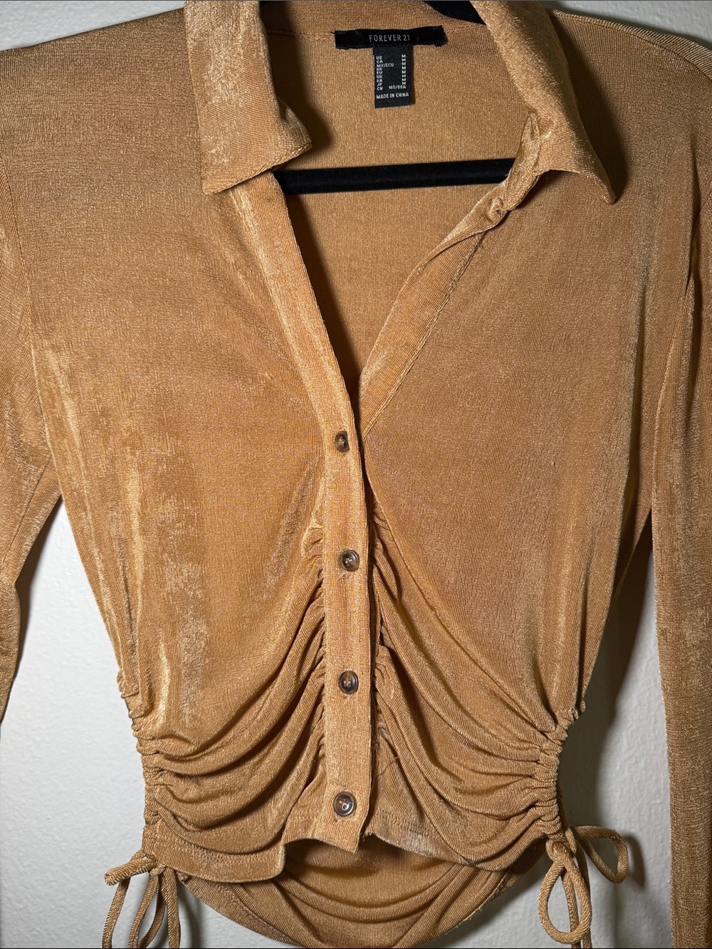 Forever 21 Tan Ruched Drawstring Button-Down Top - Picture 4 of 5